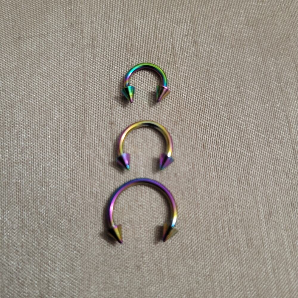 3 set 16 gauge 6 8 & 10mm horse shoe spiked rainbow stainless steel septum rings